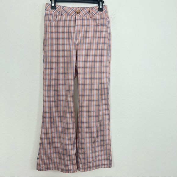 Princess Polly Sunny pink blue plaid high rise flare trouser pants Size 4 Small - Picture 2 of 7